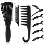 8PCS Detangling Brush and Comb, MORGLES Detangling Hair Brush Wide Tooth Comb for Curly Hair Brush with Rat Tail Comb Alligator Hair Clips Detangling Hair Comb for Black Natural Wavy Wet Hair