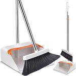 GNEY Broom and Dustpan Set, Super Long Strong Metal Handle Lobby Broom, Self-Cleaning with Dust Pan Teeth, Ideal for Home, Kitchen and Office Use [Black]