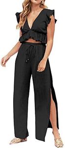 FANCYINN 2 Pieces Black Beach Jumpsuits Outfits for Women Deep V Neck Crop Top Side Slit Drawstring Wide Leg Pants Set Halloween Black Witch M