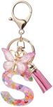 ORUZA Alphabet Initial Letter Keychain, Pink Initial Letter Keyring with Butterfly Tassel Pendant Resin Letter Key Ring for Women Wallet Purses Letter S