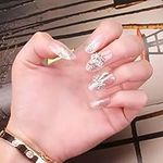 Crown Press on Nails,24 PCS Bling Silver Glitter False Nails Oval Fake Nails with Bow-knot Design for Women and Girls Wedding Party Prom