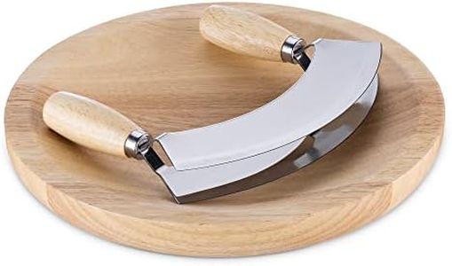 Navaris Set Tagliere e Coltello Mezzaluna Tritaerbe - Cutting Board 24x24x3cm Mezza Luna 17x13,5cm - Legno di Caucciù con Lama Acciaio Inossidabile