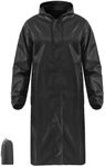 iCreek Long Rain Coat Hooded Packable Rain Jacket Waterproof Lightweight Men Women Adult for Work Outdoors Activities (Black, Small)