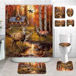 SKAILIÉ 4PCS Rustic Cabin Deer Shower Curtain Set, Elk Mallard Duck Wildlife Hunting Camo Autumn Fall Forest Woodland Animal Country Lodge Farmhouse Bathroom Decor, Non-Slip Bath Mat Toilet Rug