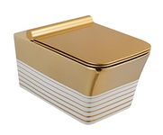 B Backline Ceramic Wall Mount/Wall Hung Western Toilet/Commode/Water Closet/European Commode P Trap Outlet Is From WALL With Soft Close Seat Cover For Bathrooms (Gold White 4)