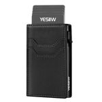 YESIIW Slim Wallet for Men - Pop up Card Holder RFID Protection Mens Leather Wallets with ID Window Metal Case Black