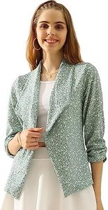 DOUBLJU Ruched 3/4 Sleeve Open Front Draped Blazers Business Casual Basic Work Jackets for Womens Clothes with Plus Size, Sagefloral, Large