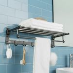 Amazon Basics Towel Holder in Bathroom 24 Inch, Foldable Wall Mounted Double Tier Aluminum Towel Rack for Bathroom with Shelf, Rod & Hooks, Rustproof Bathroom Organizer