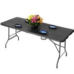 NOVECRAFTO 6ft Folding Table, Functional Indoor and Outdoor Foldable Trestle Table with Wood Grain Pattern, Heavy-Duty Black Table Surface 70.8x29.5 In (180x75cm) with Steel Frame - Easy to Fold and S