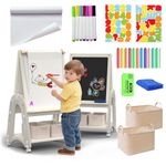 hoopyosms 3-in-1 Adjustable Kids Art Easel with Paper Roll, Double-Sided Whiteboard & Chalkboard, Includes Drawing Accessories, Ideal for Creative Play, White