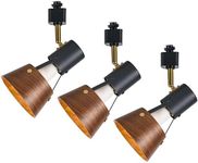 TeHenoo Modern H Type Track Lighting, Adjustable Track Heads,Matte Black Finish and Natural Wood Lampshade Spotlights, E26 Socket,Brass Swivel Item Kit, for Accent Retail-Pack of 3