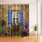 3D Home Garden Shower Curtain Stone Wall Blue Wooden Window and Flowers Plants Scenery Bathroom Decoration Curtains with Hook 71X 71 inch Green Brown