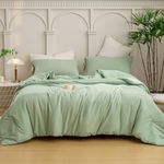 BOHOPOPM Ultra-Soft Queen Size Comforter Sets - Comfy Cozy Washed Polycotton - 3 Piece Comfort Fluffy Bed Blanket Down Alternative Comforter & Pillowcase - Lightweight but Warm All Season, Sage Green