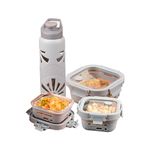 GLASAFE Desk Munch Combo Borosilicate Glass Tiffin & Bottle Set - Water Bottle|Microwave Safe Lunch Box|Lunch Boxes for Office Men & Women (750ml Bottle,320ml & 520ml Tiffin,Grey)