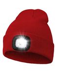 Gifts for Men, Unisex LED Beanie Hat with Light, 4 LED USB Rechargeable Hands Free Headlamp Winter Warm Knitted Cap, Flashlight Head Lights Hat Women Men Gifts for Camping Fishing Hiking (Red)