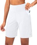 SANTINY Bermuda Shorts for Women with Zipper Pocket Womens High Waisted Long Shorts for Running Workout Athletic, A White, Large