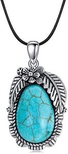 DOLIOX Turquoise Pendant Necklace,3mm Braided Leather Chain Boho Genuine Gemstones Western Turquoise Jewelry for Women