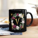 Gift Arcadia Golden Floral Alphabet Letter V Printed Coffee Mug Gift for Girl, boy,Wife,Husband,Girlfriend Boyfriend,Kids,Brother,Sister,Love and Valentines Day - 1pcs, Black, 330ml (ALB-V)