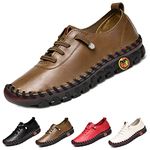 Women's Woven Leather Shoes,Women's Leather Soft Bottom Flat Comfort Handmade Slip on Breathable Walk Shoes (Brown,US 6.5-7)
