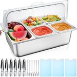 Tessco 1 Set Countertop Food Serving Display Container Stainless Steel Condiment Dispenser Display Rack with Lid 6 Pcs Clamps 6 Pcs Spoons 3 Pcs Ice Boxes for Salad Buffet Restaurant (5 Compartments)