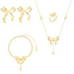 4Pcs Gold Bow Jewelry Set,18K Gold Plated Hypoallergenic Ribbon Knot Necklace Earrings Adjustable Ring Bracelet Set Elegant Present For Her (Gold)