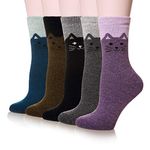 Women Soft Thick Socks Cute Animal Casual Comfort Warm Crew Wool Winter Socks - 5 Pack (Cat)