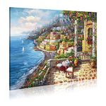 Italy Painting Oil Canvas Wall Art： Mediterranean Cityscape Artwork Italian Sea Picture Modern City Street Decoration Landscape Prints for Paris Cafe Room Decor