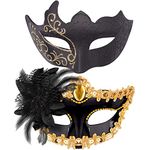 SIQUK Couple Masquerade Masks Plastic Venetian Party Mask Couple Costume Mask Mardi Gras Mask for Women and Men, Black & Gold