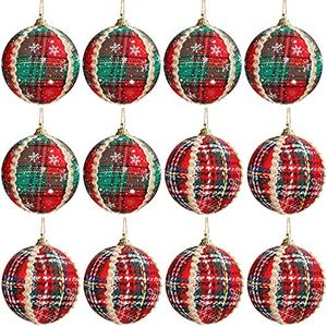 Belle Vous Palline di Natale (set di 12) - Palline di Natale verdi e rosse in tartan da 8 cm con spago - palline di albero di Natale per decorazione interna e sospensione albero di Natale