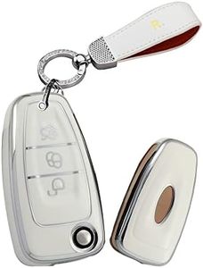 HIBEYO Flip 3 Button Key Fob Cover Compatible with Ford Focus 3 4 MK3 New Fiesta Mondeo Kuga Escape Ecosport Transit Key Case Accessories with Bling Keychains-White