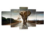 Wieco Art Elephant Extra Large 5 Panels Modern Stretched and Framed Giclee Canvas Prints Animals Landscape Artwork Grey Pictures Paintings on Canvas Wall Art for Living Room Home Decorations XL