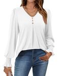 KISSMODA Women's 2024 Long Sleeve Tops Dressy Casual V Neck Tunic Button Decor Shirts Loose Chiffon Work Blouse White