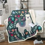 Loussiesd Cartoon Llama Alpaca Plush Blanket Cute Llama Fleece Throw Blanket for Sofa Bed Colorful Botanical Floral Printed Sherpa Blanket Room Decor 3D Animal Fuzzy Blanket Single 50x60 Inch