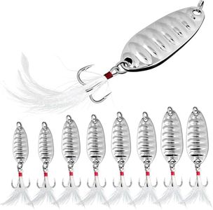Bombrooster 8Pcs Fishing Spoons with Rooster Tail Treble Hooks, Spinner Bait Kit for Bass Salmon Trout 3/16oz 3/8oz 1/2oz 3/4oz