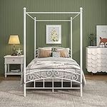 JURMERRY Canopy Double Bed Frame with Ornate European Style Headboard & Footboard Sturdy Steel Perfectly, Easy DIY Assembly, Texture White