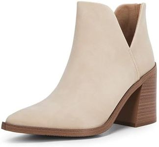 Kathemoi Womens Slip on Ankle Boots V Cutout Pointed Toe Chunky Stacked Mid Heel Booties, Apricot Nubuck, Size 7.5