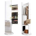 YITAHOME Jewelry Mirror Cabinet with Lights Full Length Mirror Jewelry Armoire LED Jewelry Organizer with 1 Coat Hanger, 4 Hooks, Standing Jewelry Armoires with Storage Shelves