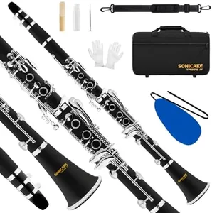 SONICAKE B Flat Clarinet for Beginner & Student, Nickel-plated Bb Ebonite Clarinet 2 Barrels, Reeds with Cleaning Kit, White Gloves and Hard Case, Black, QCR-01