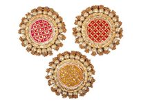 JOYFUL HOME CREATION Handmade Gota Patti Work Plate, Table Decor & Base for Statues, Gods, Plants | Craftsmanship with Golden Moti Detailing, Ideal Gift for Diwali, Birthdays, Housewarming (Pack of 3)