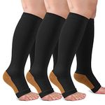 3 Pack Open Toe Compression Socks for Women and Men, Toeless Knee High Stockings for Circulation Support, Copper Black Small-Medium