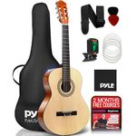 PYLE 36" Classical Acoustic Guitar Kit - 3/4 Size Handcrafted Linden Wood Natural Ash Gloss Finish Guitar, 6 Nylon Strings, w/Gig Bag, Tuner, Extra Strings, Picks, Strap- Kids, Adults-Right Handed