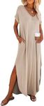 Dokotoo Womens Maxi Dresses Spring Summer Cruise Outfits for Women 2025 Long T Shirt Dress Resort Wear Short Sleeve Casual Loose Beach Dress Swimsuit Coverups for Womens Sundress Apricot Dress S