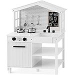 Best Choice Products Farmhouse Play Kitchen Toy, Wooden Pretend Set for Kids w/Chalkboard, Marble Backdrop, Windows, Storage Shelves, 5 Accessories Included - White