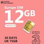 PrePaid Europe Three sim Card 12GB Data+3000 Minutes+3000 Texts for 30 Days with Free Roaming/USE in 71 Destinations Including All European Countries (30DAY12GB)