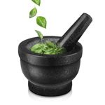 Flexzion Granite Mortar and Pestle Set - Solid Granite Stone Grinder Bowl Holder 5.5 Inch for Guacamole, Herbs, Spices, Garlic, Kitchen, Cooking, Medicine