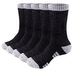 YUEDGE Men's Hiking Walking Socks Moisture Wicking Cushioned Mens Socks Black Cotton Crew Sports Socks Padded Work Socks for Men Size 9-12, 5 Pairs