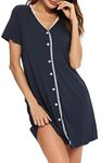 Vlazom Women's Nightdress Button Down Nightshirts Lace Trim Nighties Soft Nightgown Sleepwear with Pockets, Navy, S