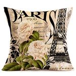 Tlovudori French Eiffel Tower Pillow Case Decor Vintage Peony Flower Quote Lettering Pattern Cotton Linen Throw Pillow Covers Square Standard Cushion Cover for Home Sofa Bed 18"x18" (Peony Flower)