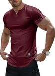 JMIERR Men's T Shirts Muscle Shirt V Neck Slim Longline Short Sleeve Henley Shirt Gym Workout Athletic Beach Hawaiian Tees Shirts Mens Tights for Sports Red X-Large