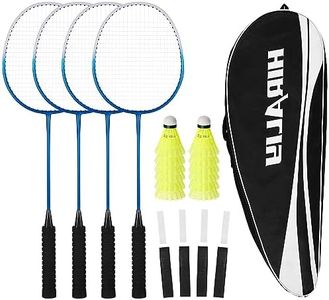 HIRALIY Badminton Rackets Set of 4 for Outdoor Backyards Games, Including 4 Rackets, 12 Nylon Shuttlecocks, 4 Replacement Grip Tapes (Blue)